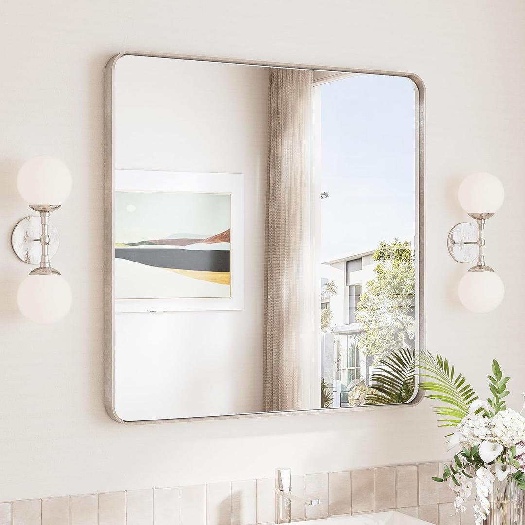 TokeShimi 30 x 30 Brushed Nickel Bathroom Mirror, Nickel Vanity Mirror for Bathroom with Tempered Glass,Square Bathroom Wall Framed Mirror with Aluminum Frame(Horizontal/Vertical)