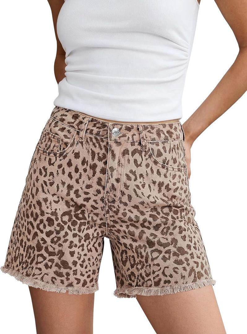 luvamia Jean Shorts for Women Trendy High Rise Mid Thigh Cheetah Leopard Print Raw Hem Stretch Denim Casual Summer Jorts, Large