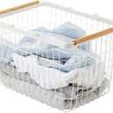 Yamazaki Home Tosca Laundry Basket - Laundry Basket With Wooden Handles - Medium, 11" - Steel + Wood - 6 Gallons, 23 Liters