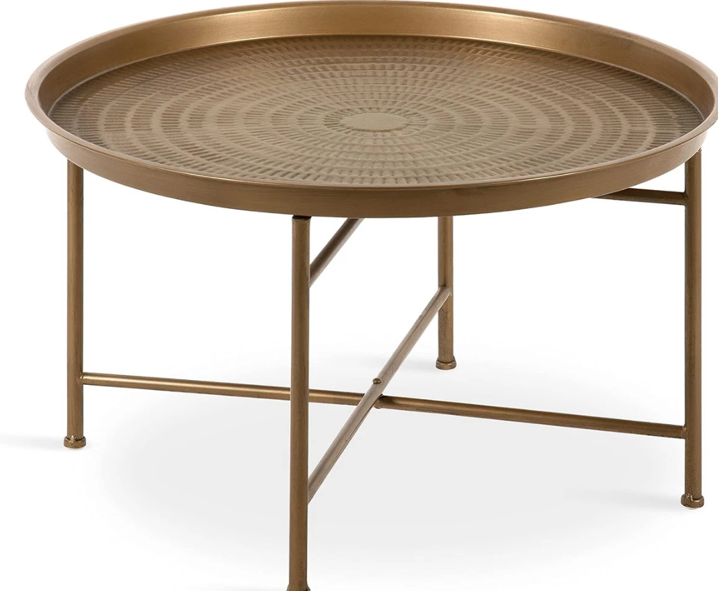 Metal Foldable Round Accent Coffee Table, 28.25" x 28.25" x 19", Mirrored Surface and Gold Frame, Modern Minimalist Design and Detachable Magnetic Tabletop