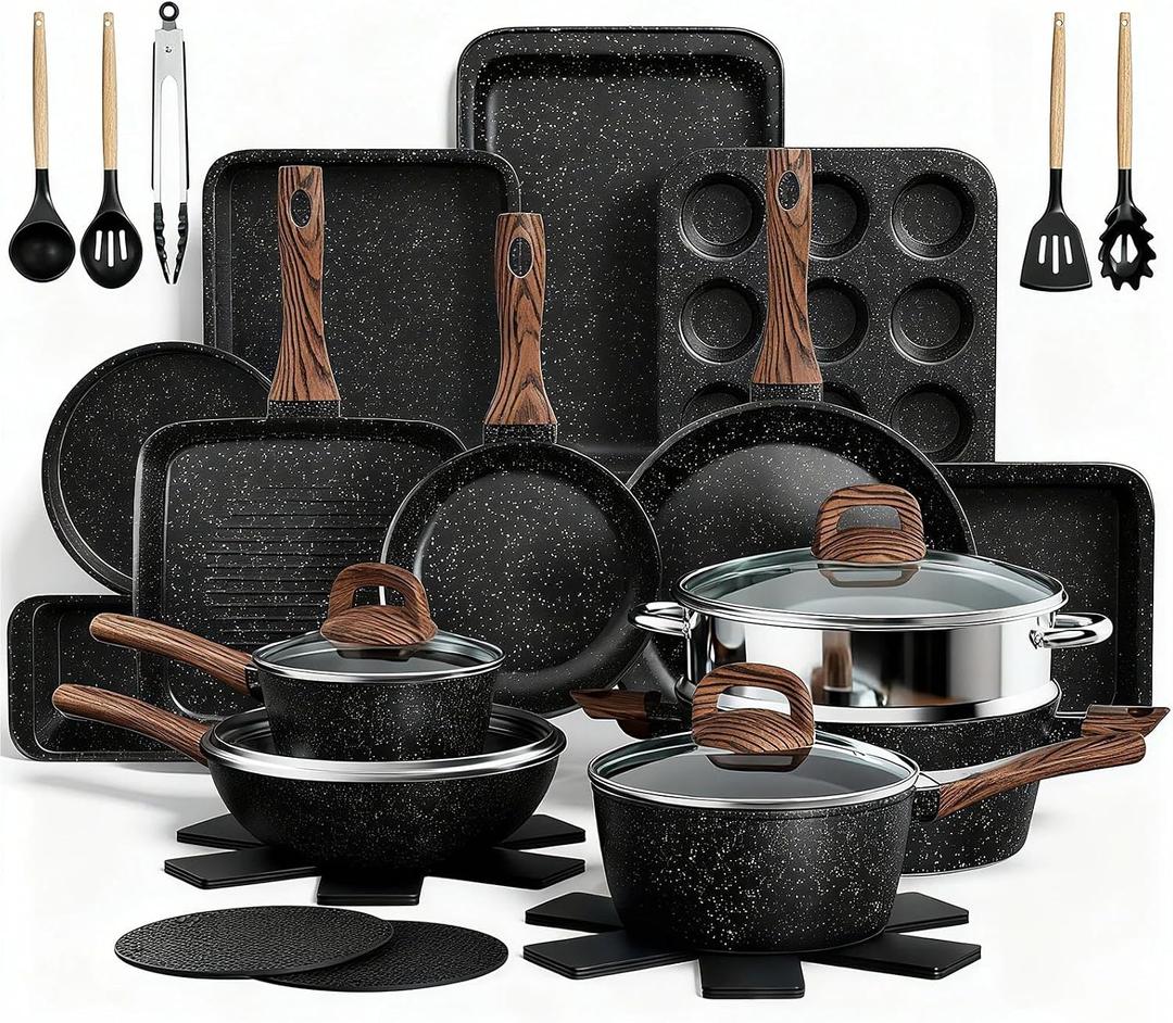Pots and Pans Set Non Stick, 31 Piece Kitchen Induction Cookware & Bakeware Set, Nonstick Kitchen Cooking Pans Set with Frying Pans Set Grill Pan Saucepan Baking Sheet & Utensils, PFOA Free, Fully Assembled