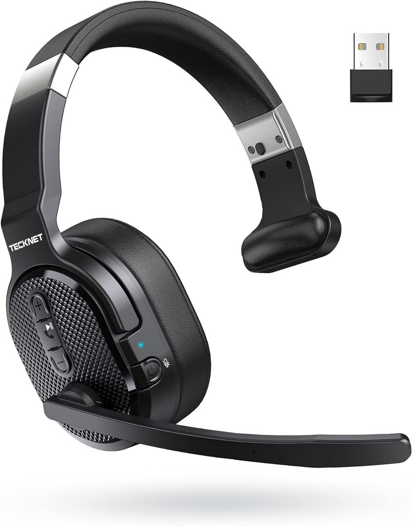 TECKNET Trucker Bluetooth Headset, AI Noise Canceling 70h Wireless Headphones Bluetooth with Microphone & Dongle, ENC Headset with Mute for PC Phone Laptop Office Home, All Day Comfort