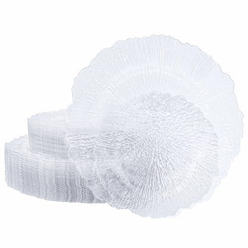U-QE 26 Pieces Clear Plastic Plates for Party - Disposable & Reusable - Reef Disposable Plates - Premium Hard Plastic Plates for Wedding - Including 13 Dinner Plate 10 '' & 13 Dessert Plate 7 ''