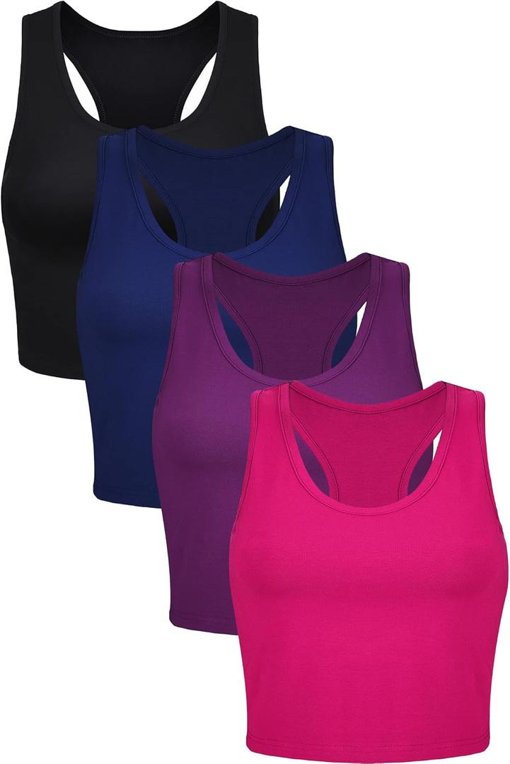 Geyoga 3 Pieces Basic Workout Crop Tank Tops Sleeveless Racerback Sport Tank Top for Women Yoga Running (Large, Black, Navy Blue, Rose Red)
