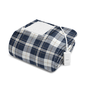 Sunbeam Oversized Microplush & Sherpa Heated Throw - Concord Blue Plaid 60 x 70 in