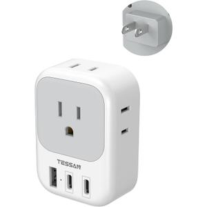 TESSAN US to Japan Plug Adapter 2 Prong to 3 Prong Outlet Adapter with 4 Outlets 3 USB (2 USB-C), Outlet Converter US to Japan China Mexico Philippines Canada Peru Thailand Vietnam (Gray-Type A)