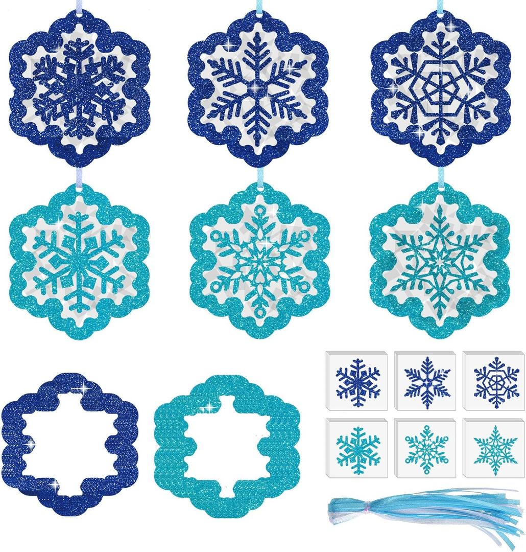 Epakh 24 Sets Snowflakes Crafts Kit Winter Snowflakes Tissue Paper Crafts Kit Christmas Decorations Make Your Own Xmas Tree Hanging Ornament for Holiday Party DIY Home Activities (Dark and Light Blue)