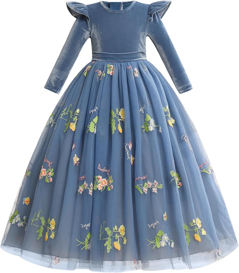 IBTOM CASTLE Flower Girl Dress Long Sleeve Velvet Floral Embroidery Tulle Tutu Dresses Fall Winter Wedding Formal Ball Gown (Blue)