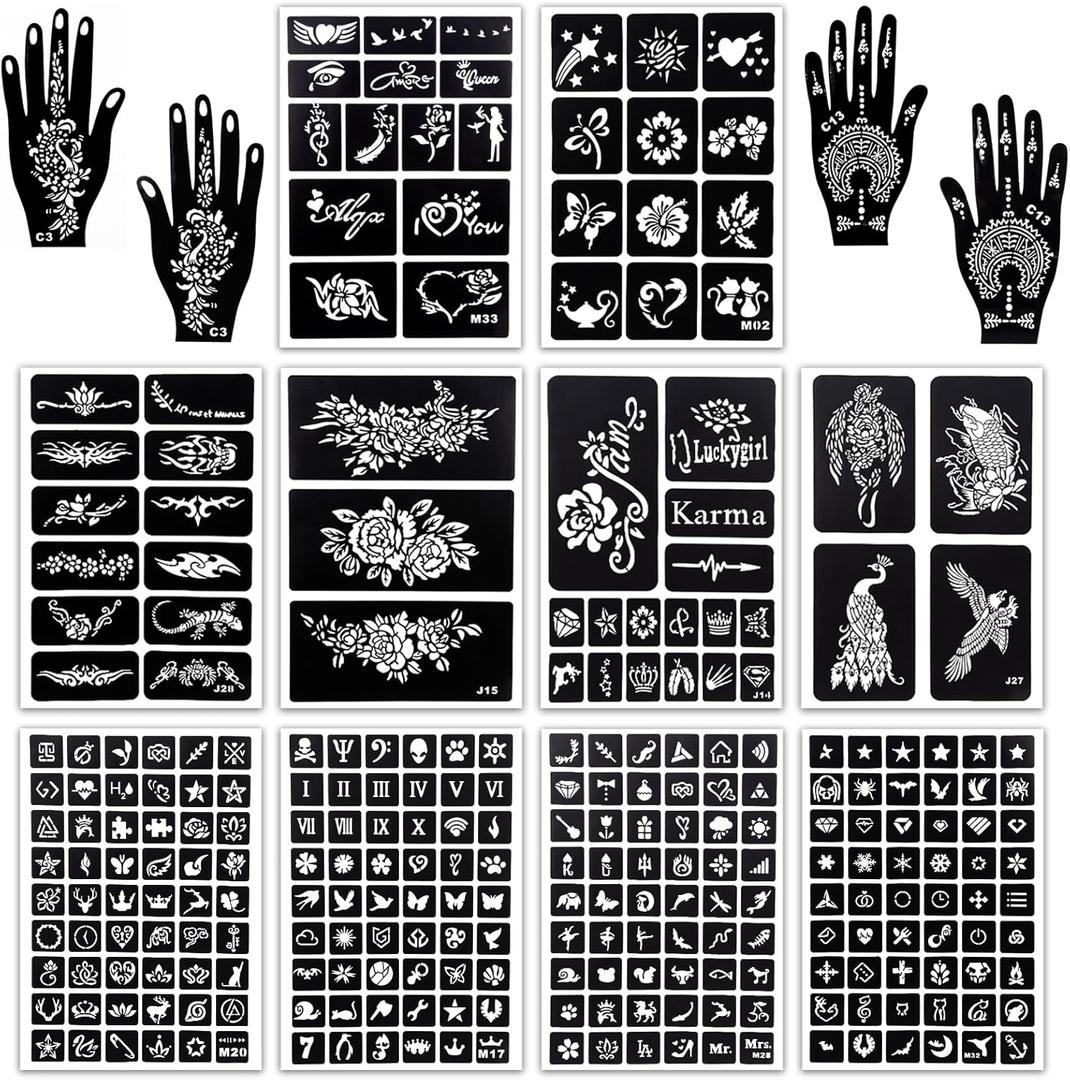 MCPINKY Henna Tattoo Stencil Kit - 283 Sheet Arabian Realistic Temporary Glitter Semi-Permanent Tattoos for Women & Girls