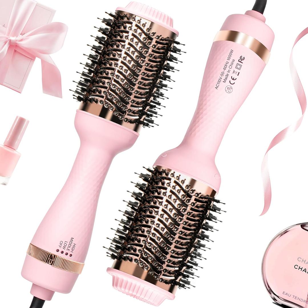 Blowout Hair Dryer Brush, Hair Blow Dryer and Styler with Ceramic Oval Barrel, Professional Salon Hot Air Brush Hair Straightener Brush for All Hair Types (Pink)