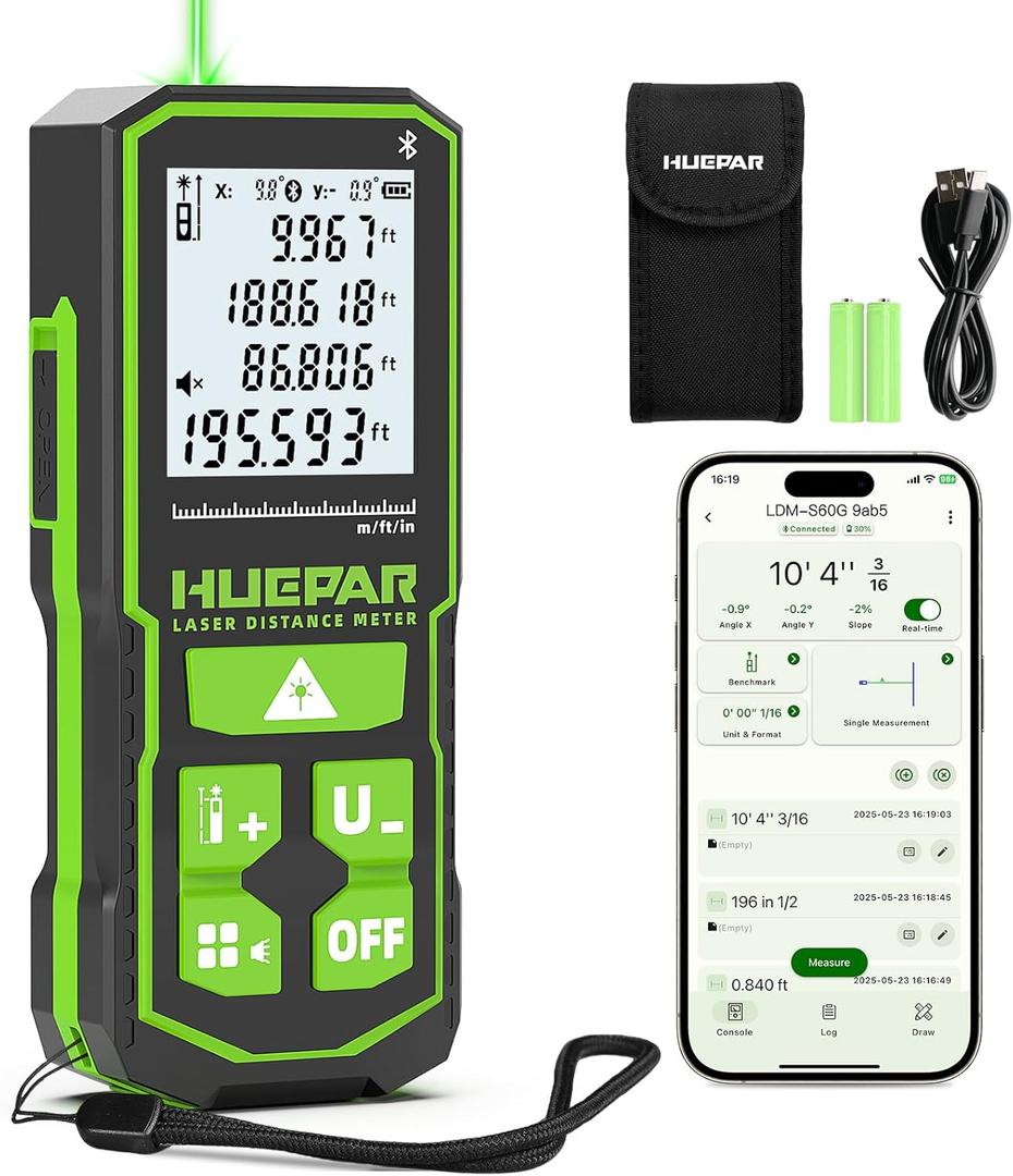 Laser Measuring Tool with Bluetooth APP, 200ft, 1/16" High Accuracy, Huepar Rechargeable Green Beam Laser Distance Meter Multiple Measurement Modes, IP54 Durable for Home & Construction