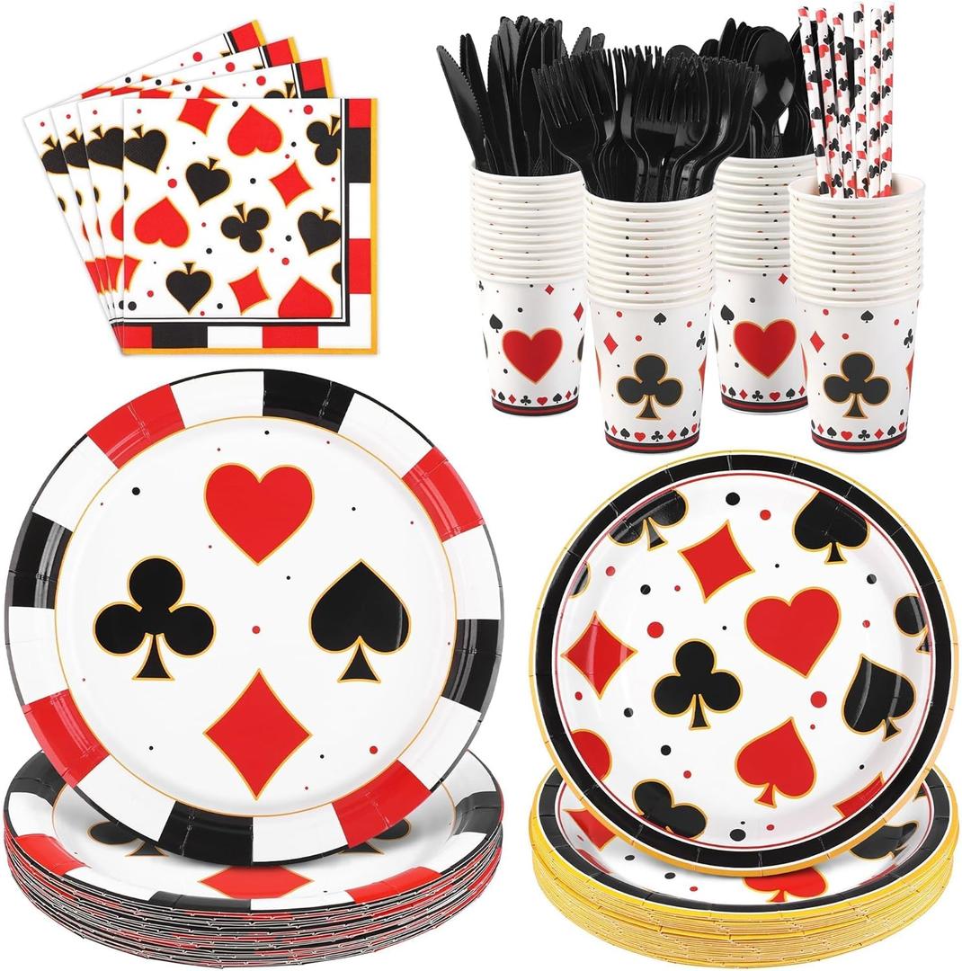 Kochorie 147 PCS Casino Party Supplies Set for 16 Guests Disposable Plates Cups Napkins Cutlery Straws Casino Theme Party Decorations for Poker Night Vegas Birthday Game Night