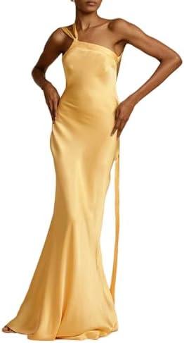 ANKOMINA Women's Sexy Satin One Shoulder Lace Up Maxi Dress Sleeveless Backless Asymmetric Long Dresses for Party Evening Cocktail, Size Small, Yellow 