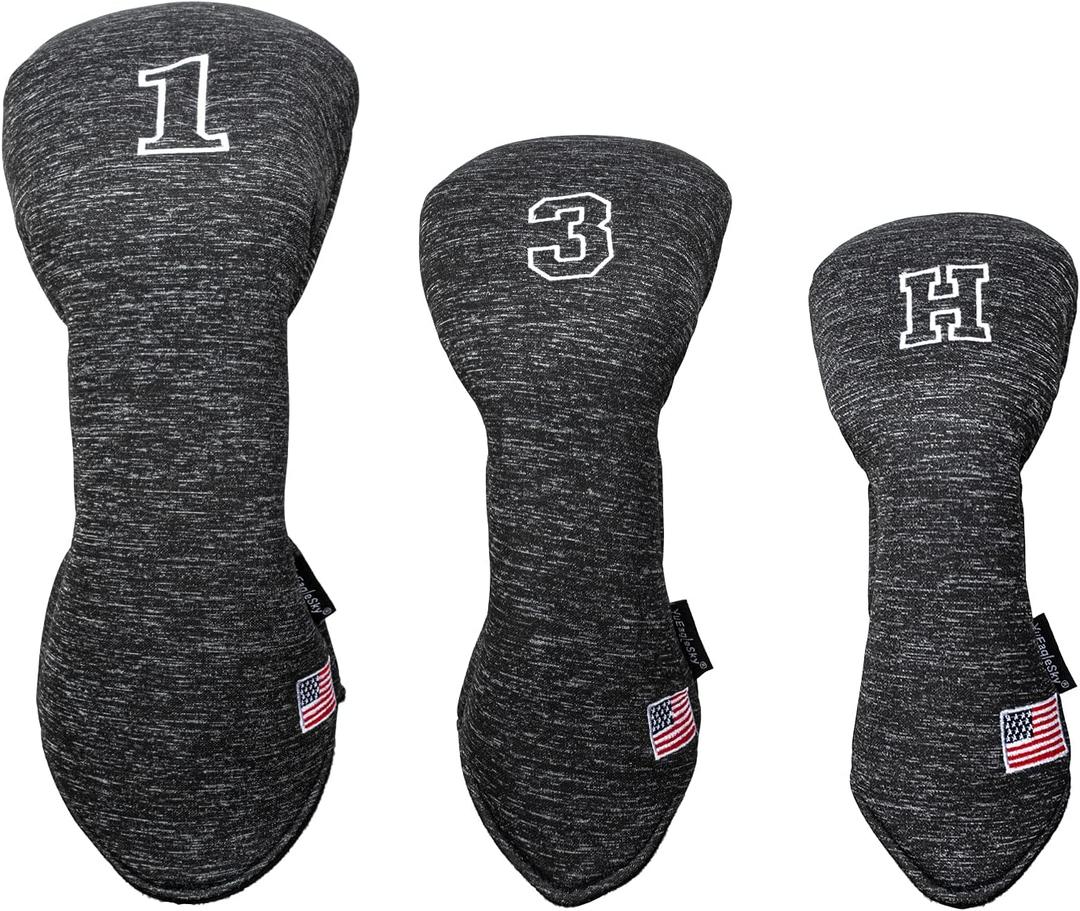 Golf Driver Head Covers 3-Pack for Men & Women - Premium PU Leather with Elephant Embroidery, Double Elastic Band (Driver/Fairway/Hybrid), Waterproof & Durable - White Grey or Black Grey