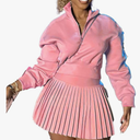 Women's Fall 2 Piece Outfits Casual Half Zip Long Sleeve Sweatshirt and Mini Pleated Skirt Set Workout Sweatsuit Medium Pink