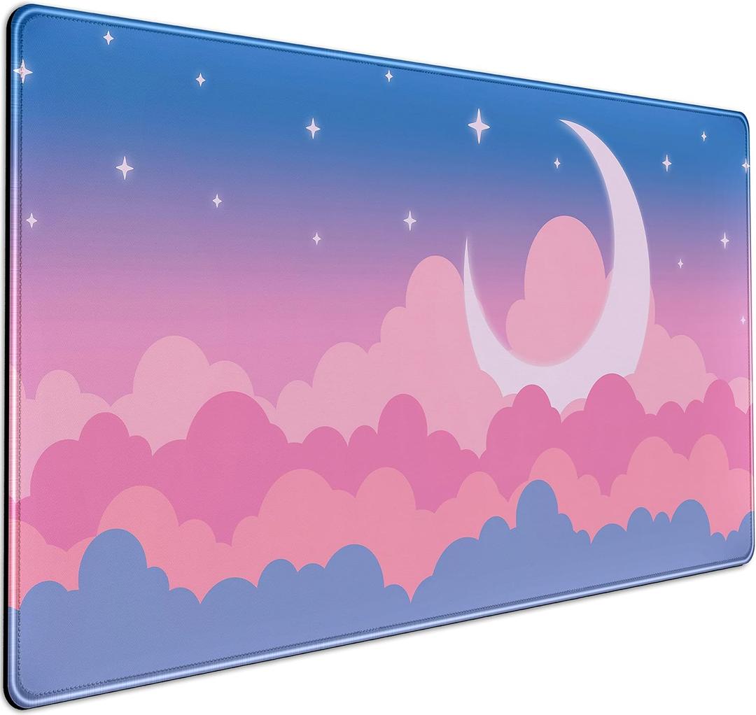 Cute Clouds Desk Mat Kawaii Desk Pad Gaming Mouse Pad Large Blue Sky Deskmat XXL Mousepad, Pink Purple Keyboard Mouse Mat Computer Mat for Desk, Kawaii Desk Decor for Women Girls 31.5X15.75 in (Q-painted Moon)