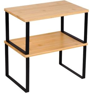 Kitchen Cabinet Organizer Shelf, Set of 2 Stackable Counter Shelves, Small Wood Cabinet Riser Shelf for Pantry Cupboard Spice Dish Mug Cup, Expandable, Metal Engineered Wood (Beige & Black, 11.7''W)