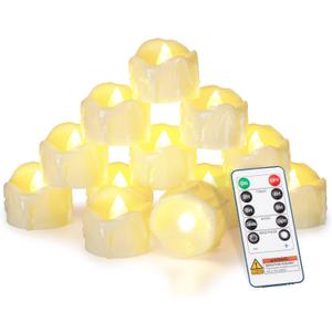 Homemory 12pcs Remote Timer LED Tea Lights Candles, 400+Hours Flickering Flameless Battery Votive Tealights for Tabletop Lighting, Centerpieces Decor, Holiday, White Base