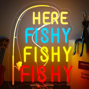 Funny Here Fishy Neon Sign Dimmable Fish Neon Light Wall Decor for Fishing Gear Store,Game Room, Man Cave Gift Art for Fishing Enthusiast-15.75 x 12IN-USB Powered-Acrylic