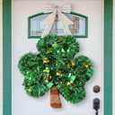 RattanView St Patricks Day Shamrock Tinsel Wreath for Front Door, St. Patrick's Day Decorations Lucky Green Shamrock Hat Tinsel Wreaths Garland Door Swag for Irish Party Mantel Walls Home Supplies