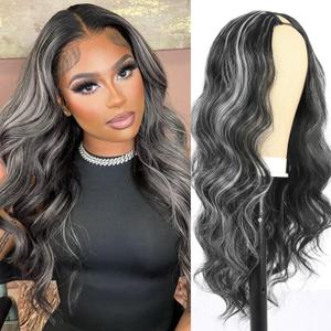 Body Wavy V Part Wig Long Water Curly Wavy Wig For Black Women Synthetic Hair Replacement Wigs Full Head Clip In Hair 24Inch Black With Grey Glueless Synthetic Wigs (Black With Grey)
