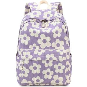 School Backpack for Teen Girls Bookbags Elementary High School Corduroy Laptop Bags Women Travel Daypacks (Beige Flower Purple Background)
