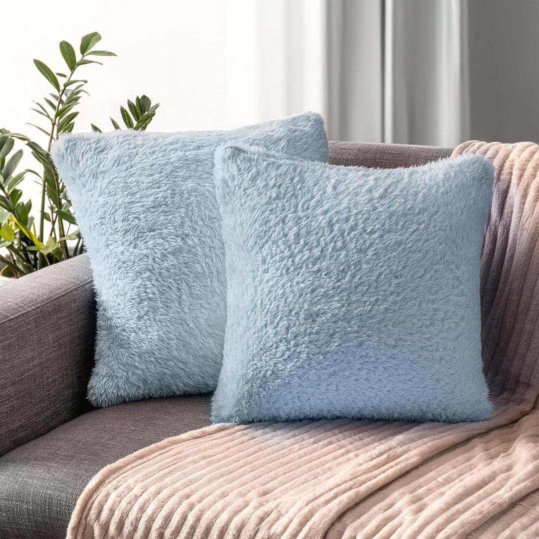 PAVILIA Fluffy Dusty Blue Throw Pillow Covers, Decorative Accent Pillow Cases for Bed Sofa Couch, Soft Faux Fur Cushion Cover, Square Sherpa Pillowcases, Home Room Decor, Blue, 18x18 Set of 2