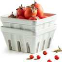 Gomakren Fruit Basket for Kitchen, Fruit Bowl with Holes, Ceramic Berry Basket Set of 2, 5.7 Inch Square Berry Containers Colander - Farmhouse Kitchen Decor, White