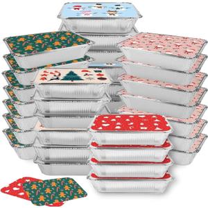 36 Pcs Christmas Foil Containers with Lid Covers, Winter Christmas Theme Disposable Aluminum Foil, Christmas Cookie Jars Baking Pan Cake Pan Food Foil Pans, Xmas Party Leftovers Food Storage Tin Pans