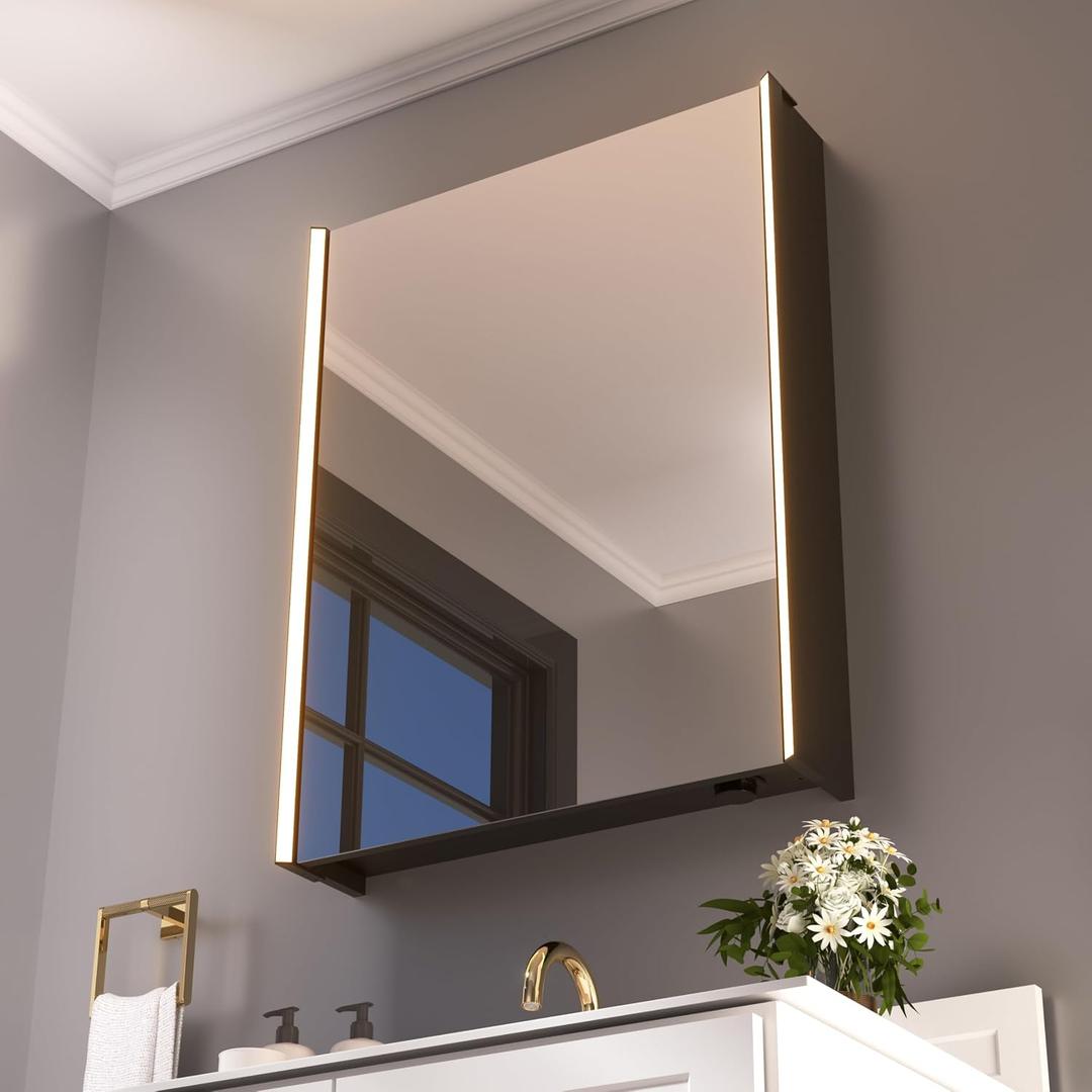 30 x 23-1/4 Inch LED Lighted Medicine Cabinet with Mirror, Moisture-Resistant Wood, Stepless Dimmable, 3000K/5500K, Adjustable Shelf, Flat-Pack Design – Assembly Required (Black)