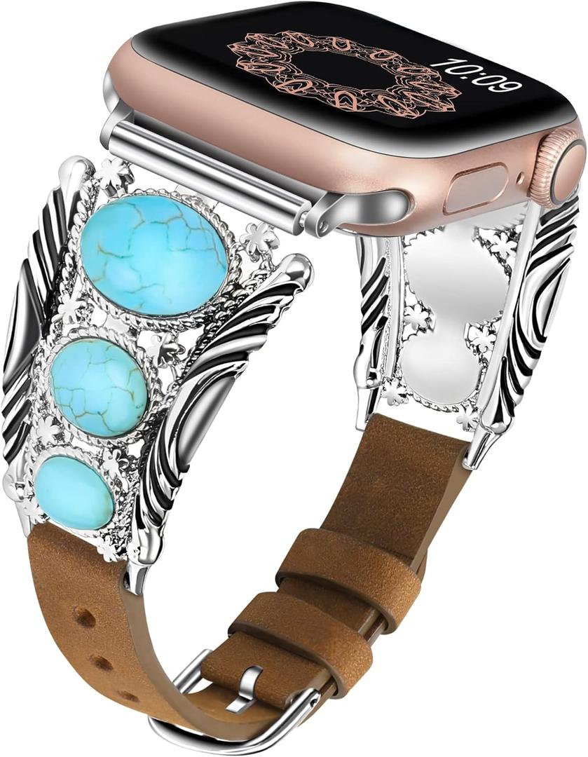 Minyee Leather Band Compatible with Apple Watch Band Women 42/46/38/40/41/44/45/49mm, Boho Western Turquoise Vintage Cowboy Retro Adjustable Strap for iWatch Series 11 10 9 SE 8 7 6 5 4 3 2 1 Ultra