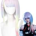Half and Half Light Pink Purple Mixed Blue Yellow Anime Cosplay Wig 17.7'' Mid-length Rainbow Gradient Costume Wigs Synthetic Hair for Halloween Party Women (Colorful Lu-cy)