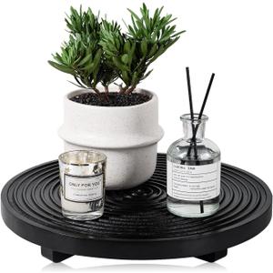 Round Decorative Tray Farmhouse Bathroom Decor Wood Riser Kitchen Countertop Organizer for Perfume, Candle, Plant, 11 inch Black