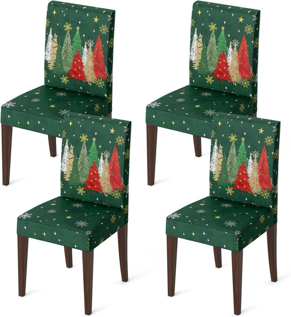 Horaldaily 4PCS Christmas Dining Green Chair Covers, Xmas Tree Pine Tree Stars Stretch Removable Washable Slipcover Chair Protector for Dining Room Home Decor