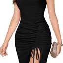 HomRain Mesh Bodycon Dress for Women Square Neck Sexy Ruched Elegant Cocktail Party Midi Dresses (Small, Black)