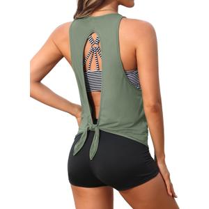 Aqua Eve 3 Piece Tankini Swimsuit for Women Tank Bathing Suit with Shorts Open Back Athletic Swimwear (Medium, Army Green and Stripes)