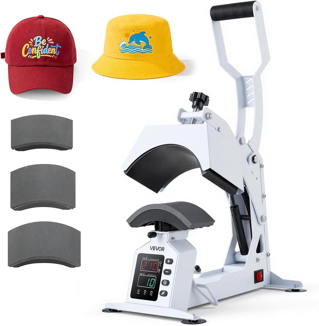 VEVOR Hat Heat Press Machine, with 4 Interchangeable Platens and Caps Stretcher, Precise Temperature & Time Control, Heat Press for Hats and Caps, for HTV Iron On and Sublimation Projects, White