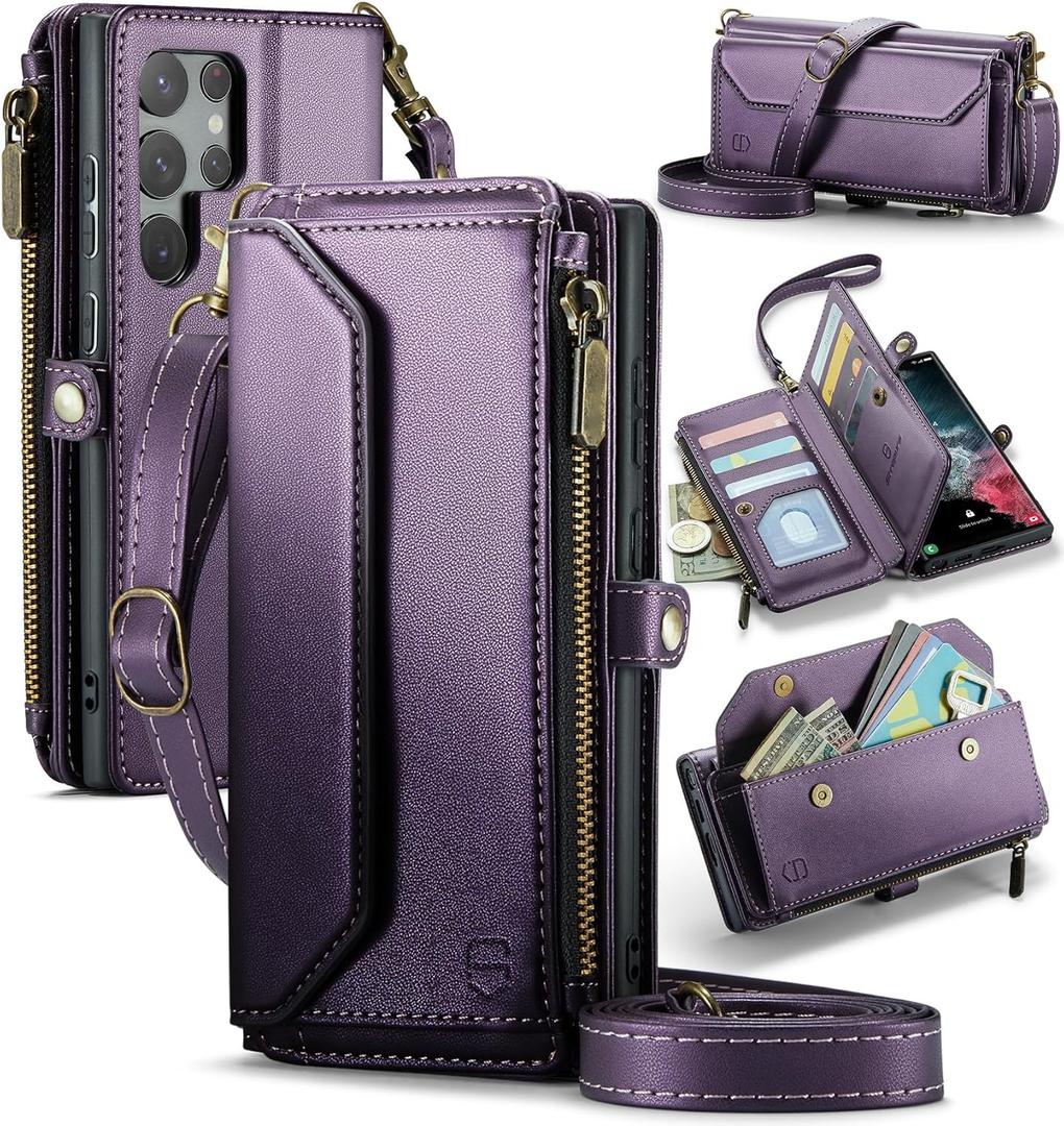 Strapurs Crossbody Wallet Case Compatible with Samsung Galaxy S22 Ultra 5G RFID Blocking 10-Card Holder Soft PU Leather Magnetic Snap Strap Zipper Pocket Phone Case Fit for Galaxy S22 Ultra - Purple