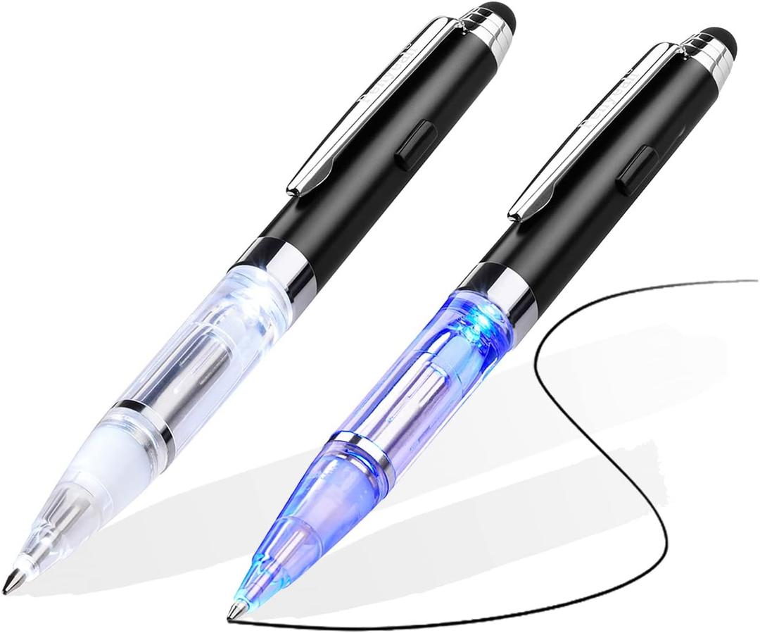 Penyeah Pen with Light and Stylus Tip 2 Pack, 3 in 1 Light Up Pens With Rubber Stylus for Touchscreens, Retractable Light Pen for Writing in The Dark - White+Blue