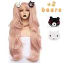 ANOGOL Hair Cap+ ( 2 Bears ) Light Pink Cosplay Wig Long Synthetic Wigs For Women Costume Party Halloween Christamas Wig With Hair Accessory