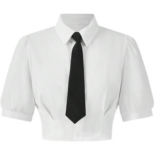 SweatyRocks Women's Puff Short Sleeve Collar Shirt Button Down Crop Blouse Top with Tie White X-Small