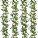 TOCHGREEN 4Pcs(26 Ft) Artificial Eucalyptus & White Rose Flower Garland, Faux Rose Vine & Gypsophila Greenery for Party & Wedding Decor (White, 4PCS)