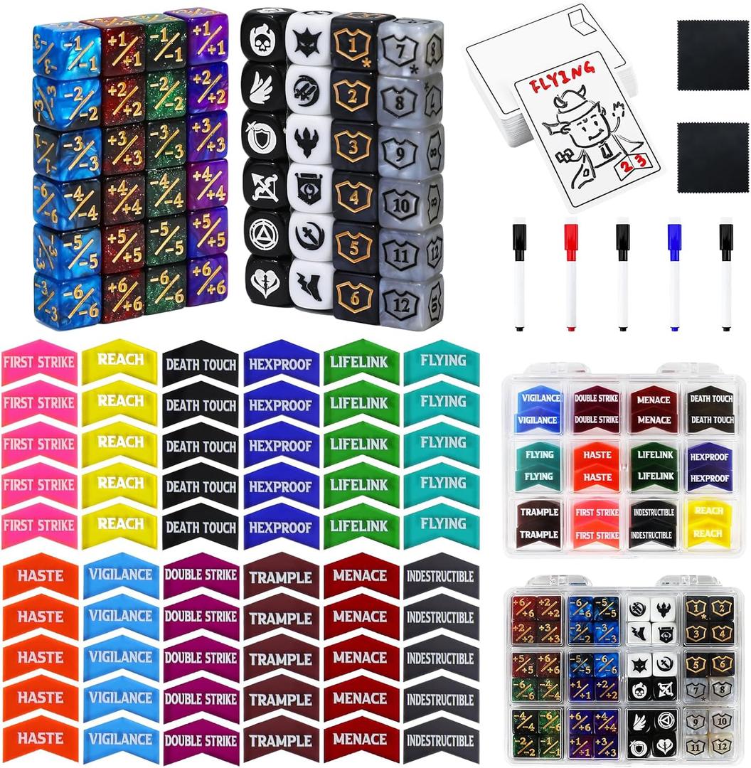 165PCS 12mm MTG Dice & Keyword Tokens & Dry Erase Tokens Set, Life Counters Dice Icon Abilities Dice with Reusable Double Sided Blank Cards Compatible with Magic The Gatering TCG Card Game Accessories