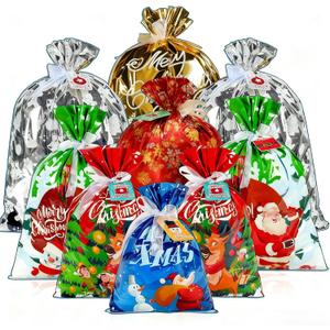PINWATT 30 Pack Christmas Gift Bags Reusable Plastic with Ribbon Ties, Assorted Sizes (5S/5M/10L/10XL), Santa Holiday Bags for Kids Toys Large Gifts & Goodie Supplies