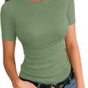 Womens Crewneck Short Sleeve Ribbed T-Shirt Slim Fit Tops Solid Basic Tee (Medium, Green)