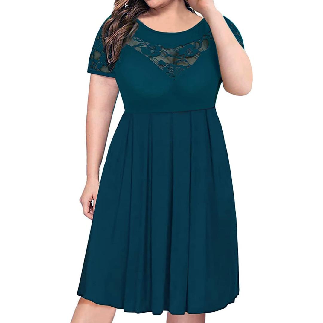sunmoday Short Sleeve Midi Summer Dress for Women Knee Length Plus Size Dark Green Solid Lace Mesh Dress 4XL