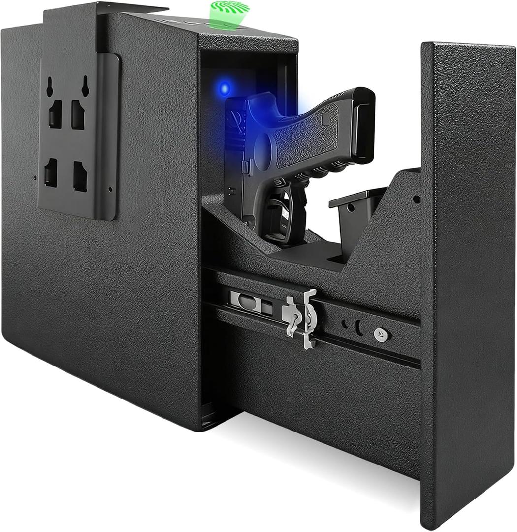 Biometric Pistol Gun Safe with Auto Sliding Door 0.1s Quick Access Handgun Safe for Nightstand, Desk, Bedside, Truck Fingerprint, PIN Code & Key Access Security Box