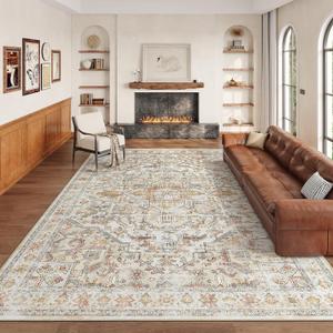 zesthome 8x10 Area Rugs - Stain Resistant Washable Rug for Living Room, Non-Slip Backing Large Area Rug with Ultra-Thin Low Pile for Bedroom, Vintage Home Decor (Orange/Beige)
