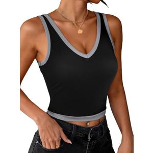 Hilinker Women V Neck Crop Tank Tops Sexy Color Block Workout Sleeveless Shirts (Black Grey), XL