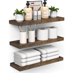 BAYKA Floating Shelves Bathroom for Wall  Shelf Over Toilet Farmhouse Rustic Wood for Bedroom, Kitchen, or Living Room Decor Organization Display Shelving  Rustic Brown, Set of 3 (15.7inches)